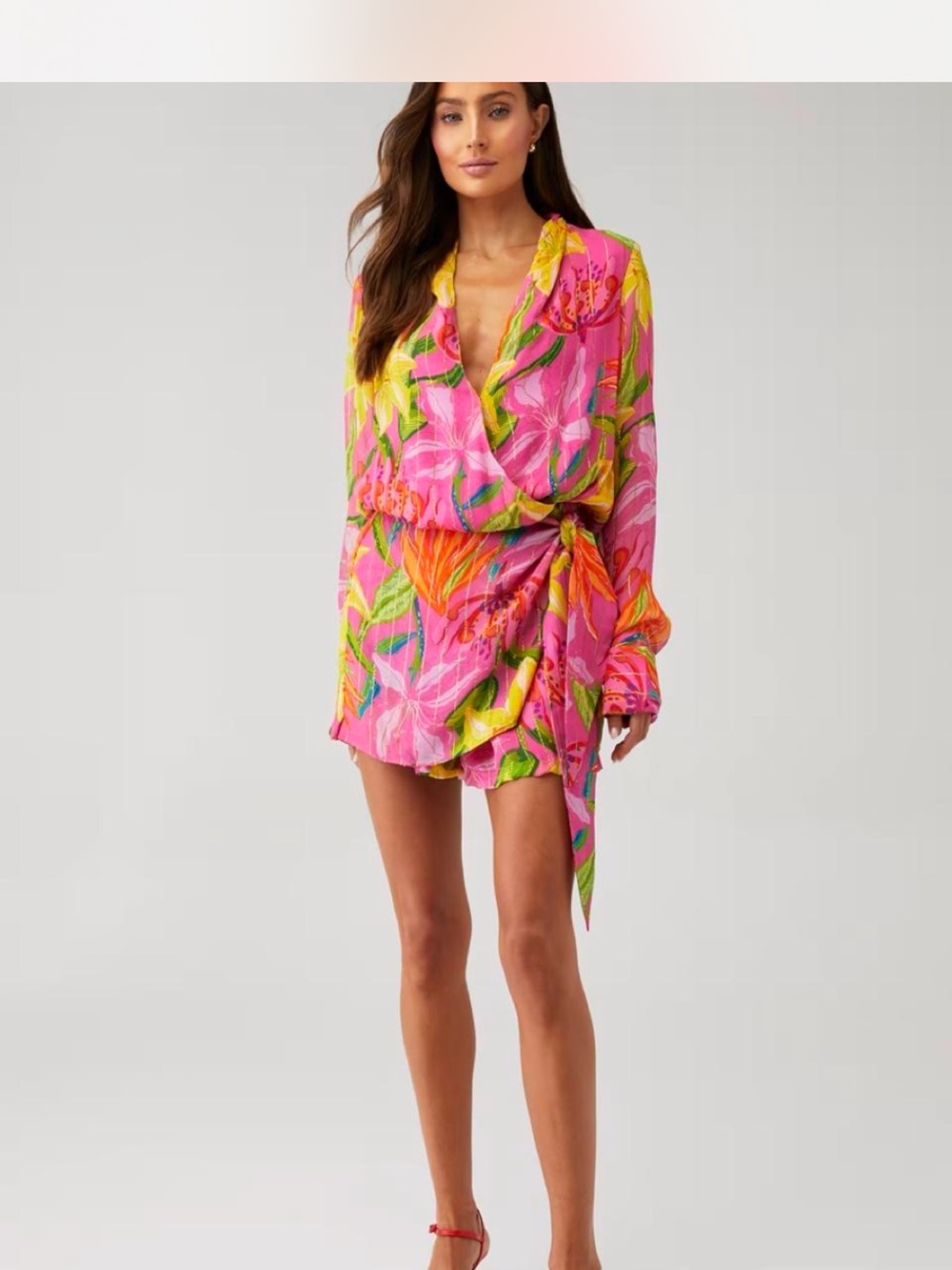 REVOLVE Pink Tropical Floral Wrap Mini Dress